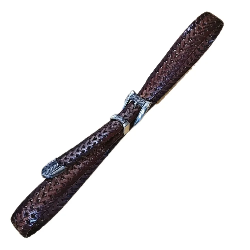 Onyx Brighton Vintage Belt Adult Size 38 Brown Braided Silver Buckle Width 1.5